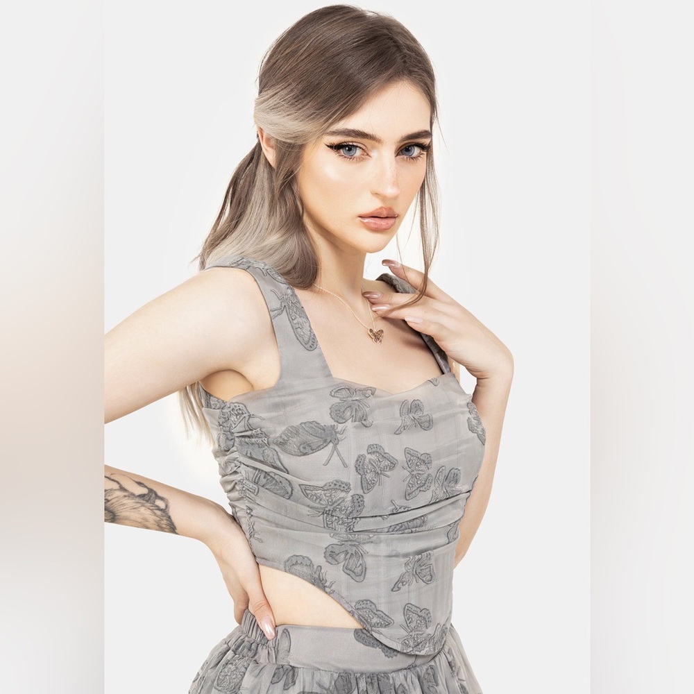 Disturbia Vanessa Butterfly Print Organza Ruched Bodice Corset Top US 12 / UK 16